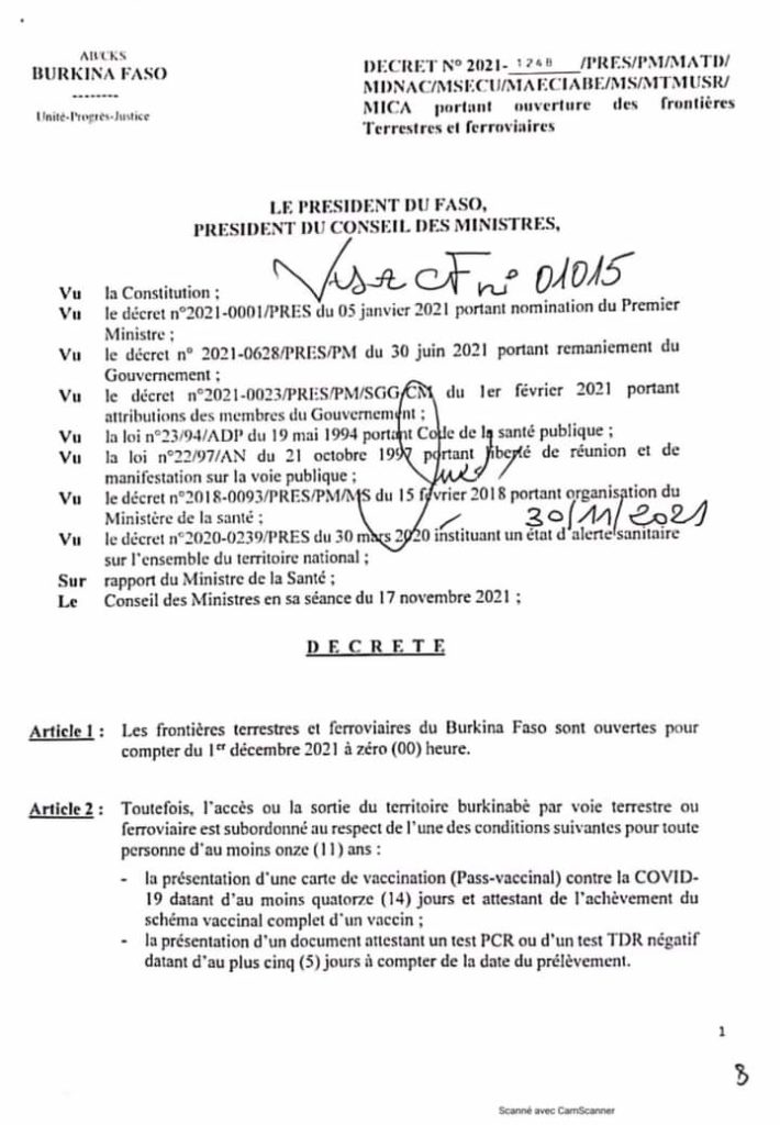 BurkinaFaso : réouverture des frontières terrestres et ferroviaires à compter du 1er décembre 2021 à 00h.